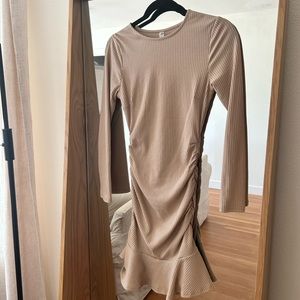 Never worn high neck tan, long, sleeved, ruched dress